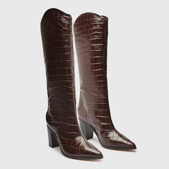 SCHUTZ Brown Croc-Embossed Heeled Boots - Picture 1 of 7